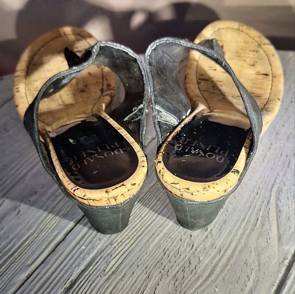 Donald J. Pliner Cork Metallic Black/Tan Leather Upper Malone Wedge Sandals 9 - Picture 11 of 13